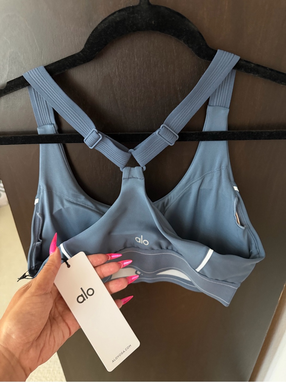 ALO Yoga Airlift Suit Up Sports Bra Bluestone with White Trim - Picture 5 of 5